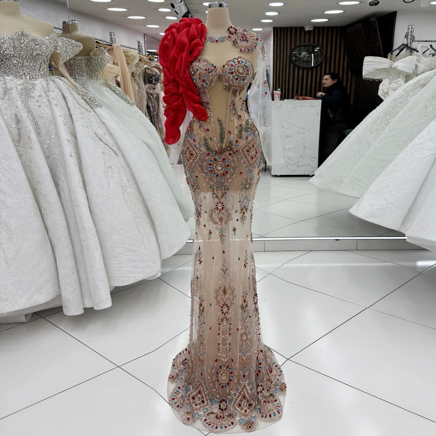 Elegant Champagne Mermaid Prom Dress Long Sleeves Cocktail Party Dress Luxury Crystal Beaded Red Carpet Dress Customized