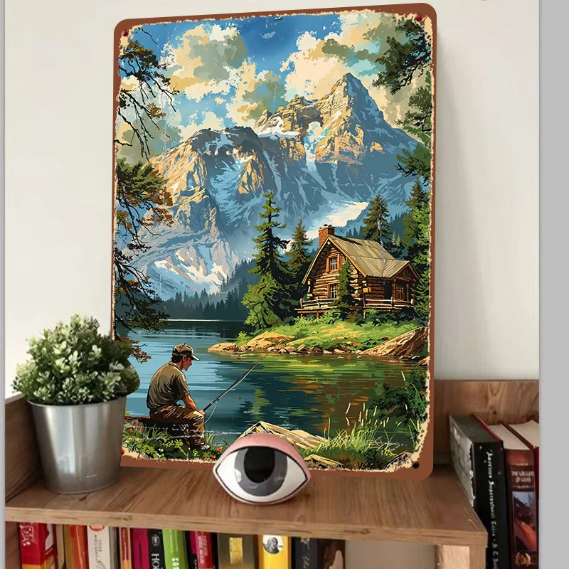 Mountain Lake Fishing Cabin Landscape Metal Tin Sign Home Decor Wall Art Painting