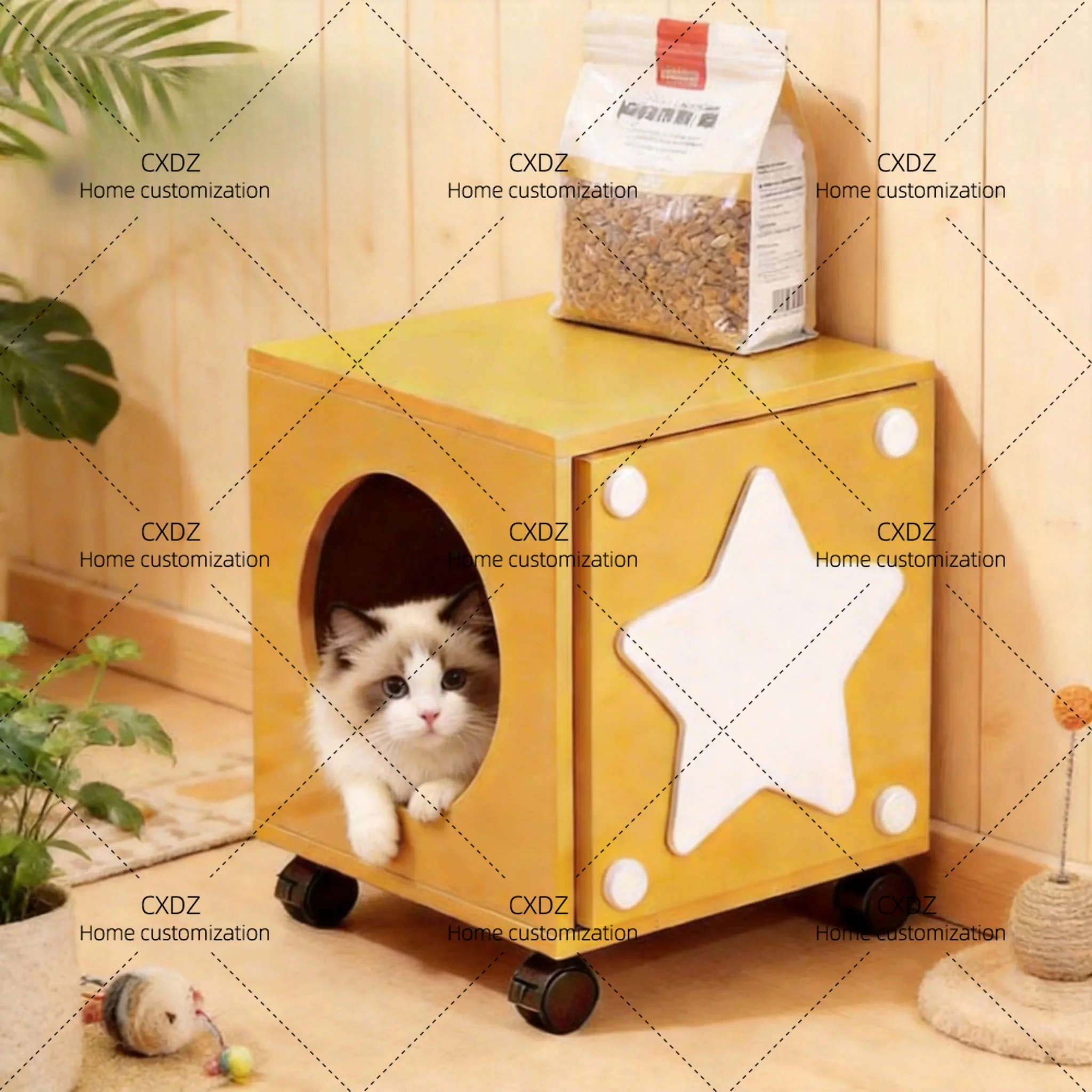 Household indoor small apartment solid wood cat nest universal in all seasons semi-closed cat house with wheels
