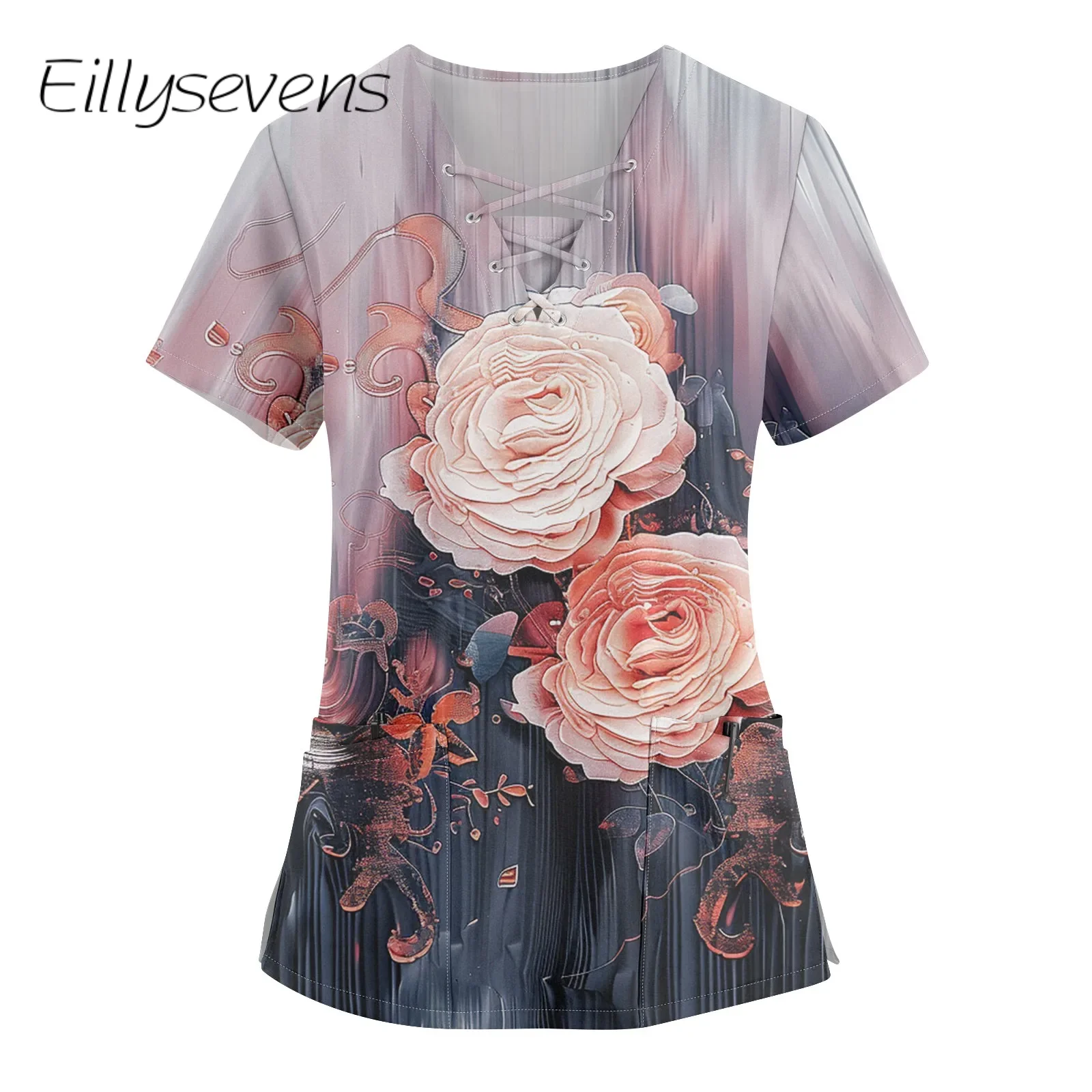 

Working Uniform 2024 Summer Plus Size Printed Scrub Tops For Women'S V-Neck Short Sleeve Shirts Workwear Tee With Pockets