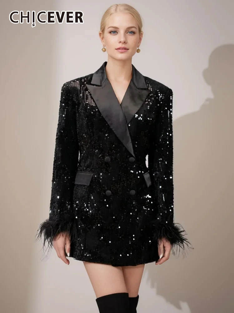 

CHICEVER Patchwork Sequins Blazers For Women Lapel Long Sleeve Single Breasted Spliced Feathers Spring Temperament Blazer Female