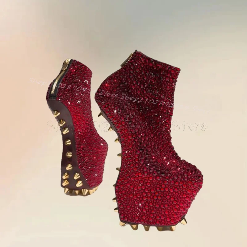 Red Rhinestone Rivets Strange Style Heels Platform Boots Back Zipper Women Shoes Fashion Feast Runway 2024 Zapatos Para Mujere