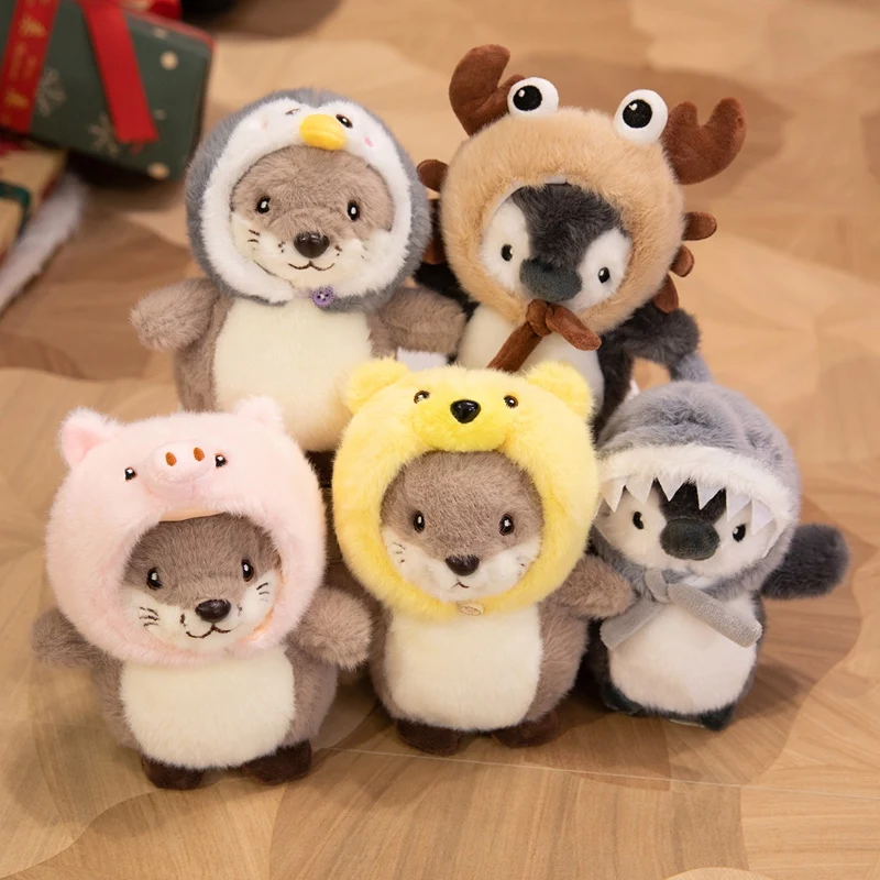 Soft Kawaii Otter Penguin Plush Stuffed Doll with Removable Shark Crab Pig Bear Hat Cute Desk Ornament Bag Pendant Xmas Gift
