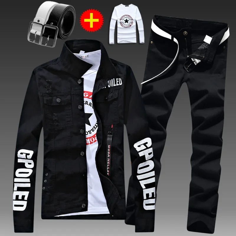 Men\'s Slim Fit Denim Jacket Pants 2pcs Set Long Sleeve Coats Letters Printed Casual Large Size Black White Red Boys Trousers