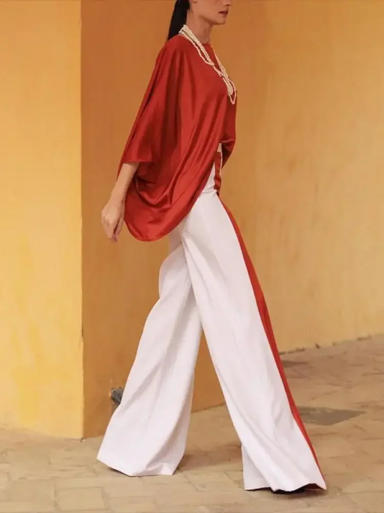 2024 Summer New Pants Set for Women Solid Color Half Sleeve Blouse and Contrast Color Wide Leg Pants High Street Suit