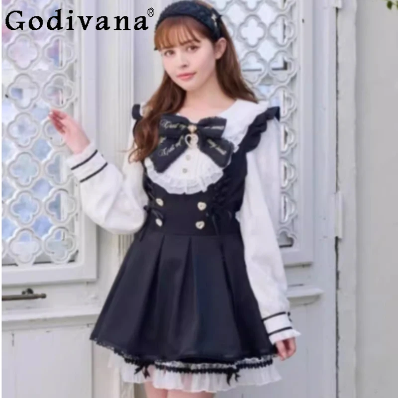 

Spring New Large Size Japanese Crew Neck Maid Cake Dress Lace Skirt Fashion Girl Sweet Bow High Waist A-line Dresses Sets