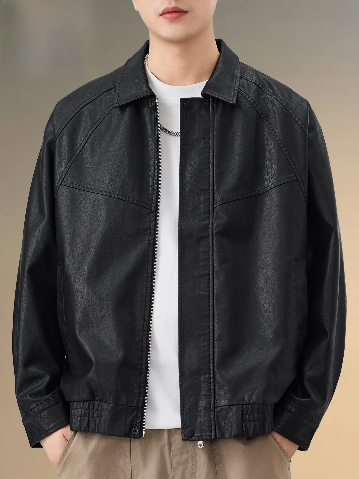 

Pierre Cardin Men's Casual Loose Fit Workwear Leather Jaet Stand Collar Zipper Closure Long Sve Outerwear Spring Autumn