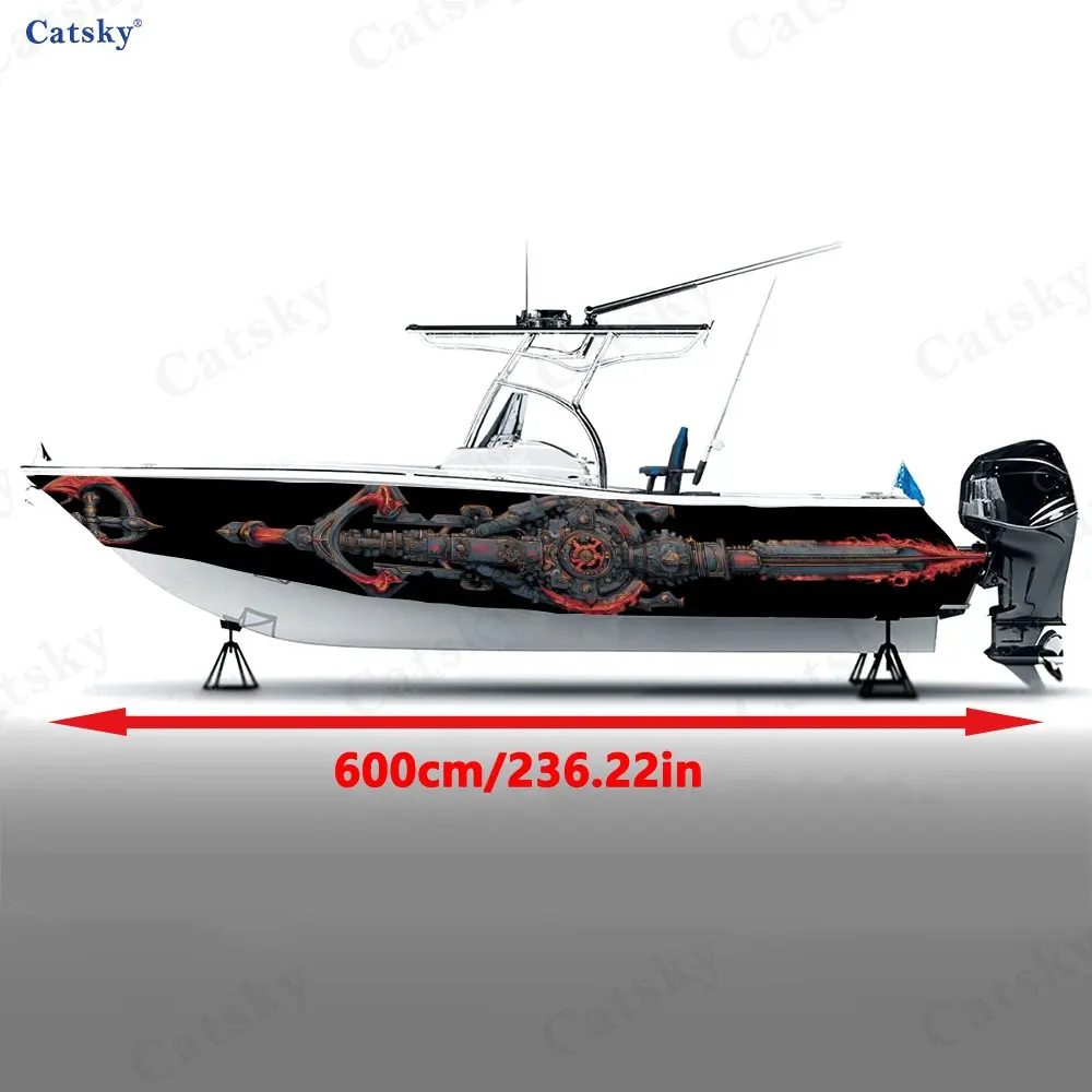 2Pcs Cyber Anchor Flames Boat Stickers, PVC Waterproof Durable Vinyl Wrap Decals for Fishing Boats, Durable and Stylish Design