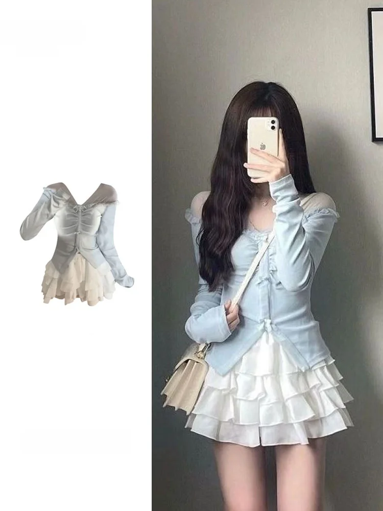 

Sweet And Spicy Cake Skirt Set Women's Summer Fashion Two-Piece Suit Ballet Style Long Sleeve round Neck Button Closure