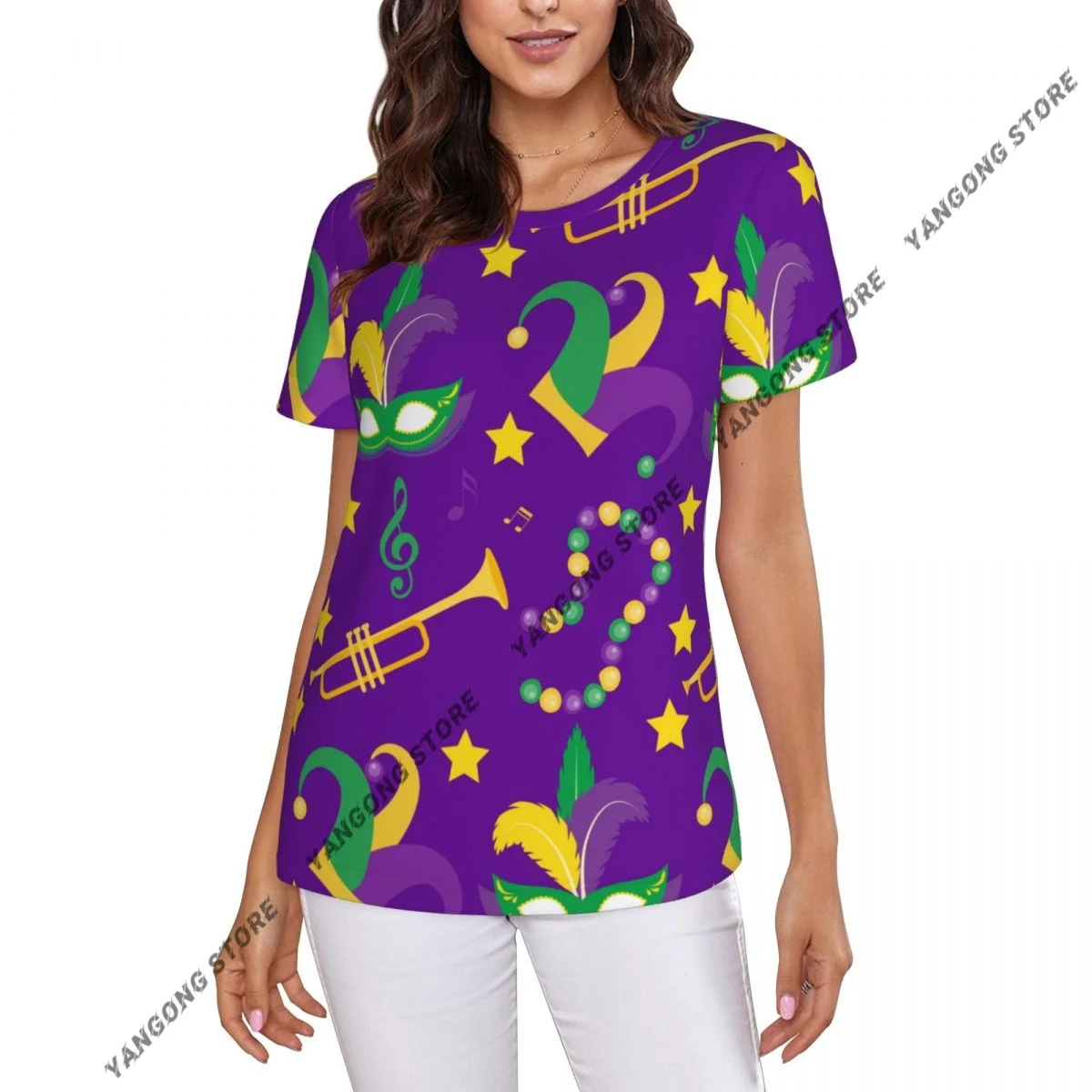 Women Short Sleeve Top Mardi Gras Carnival Mask Feathers Beads T-shirt Fashion Summer Female Tops Loose Round Neck T Shirt