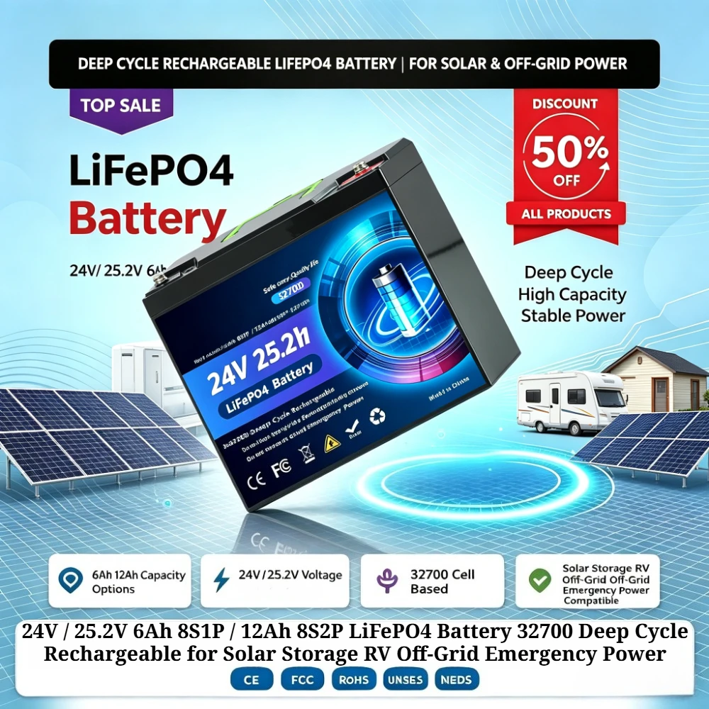 24V / 25.2V 6Ah 8S1P / 12Ah 8S2P LiFePO4 Battery 32700 Deep Cycle Rechargeable for Solar Storage RV Off-Grid Emergency Power