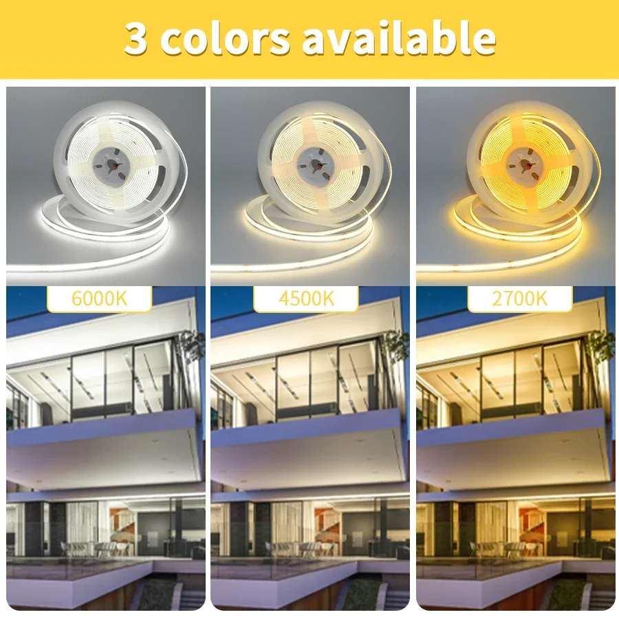 COB LED Strip Lights para decoração do quarto, alta densidade, fita de diodo flexível, escada, 3000-6500K, 12V, 24V, 1m, 2m, 3m, 5m, 10m