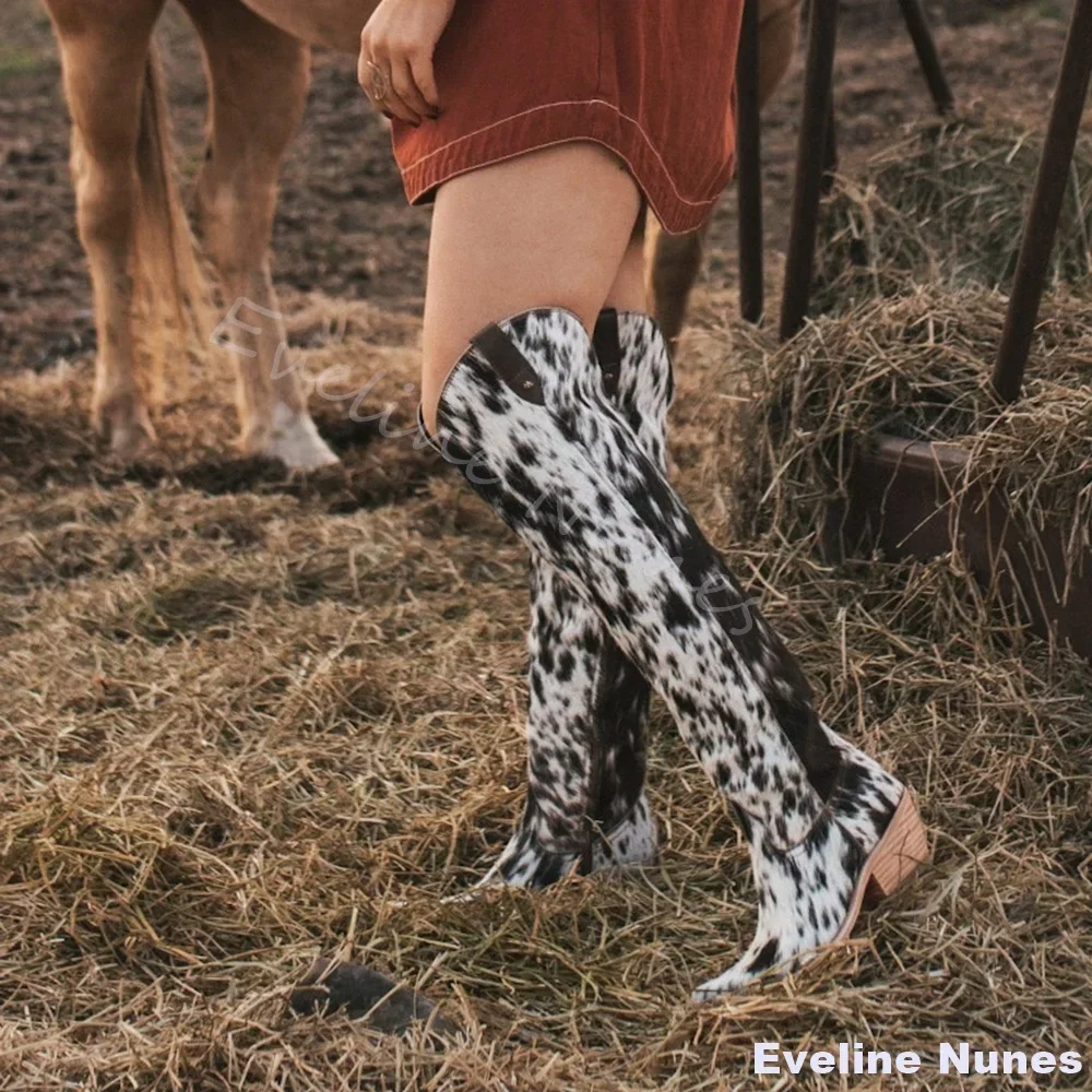 Fashion Design Knight Boots Women Mixed Colors Leopard Print Round Toe Chunky Heel Knee High Boots Slip On Western Cowboy Boots
