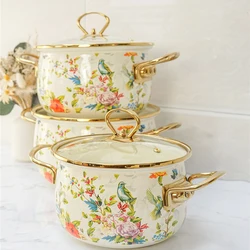 Enamel Soup Pot Retro Flower Bird Binaural Large Capacity Stew Pot with Lid Home Enamel Utensils for Kitchen Delicate Cookware