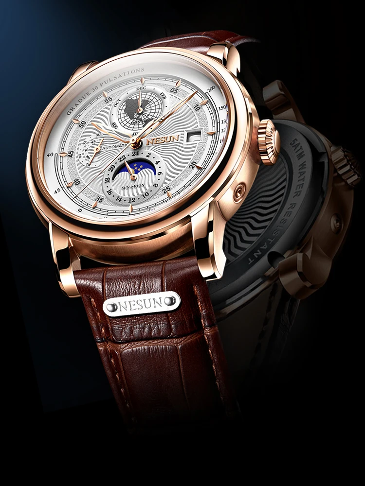 NESUN automatic mechanical watch for men, multi-functional mechanical watch, skeleton men's watch, gentleman's wristwatch