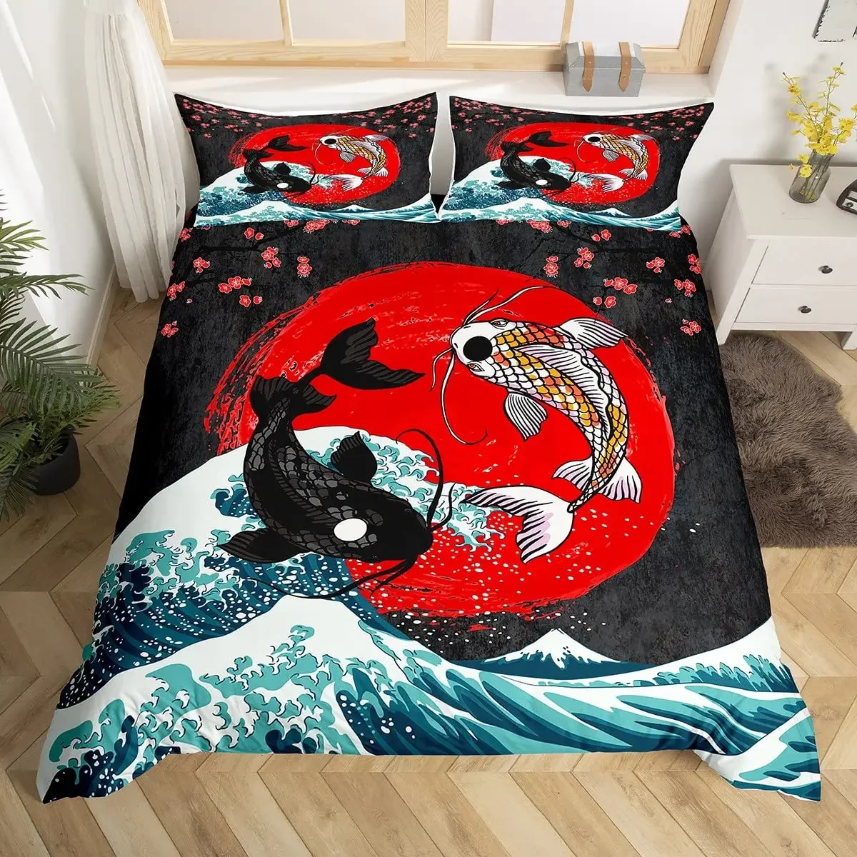 

Japanese Goldfish Duvet Cover Set Fantasy Yin Yang Cherry Blossom Flowers Comforter Cover Set Blue Sea Wave Breathable Bedding