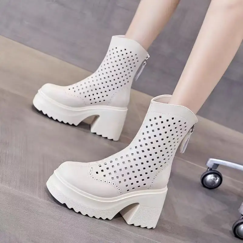 

Женские высокие ботинки на блочном каблуке, весна-лето, кожаные ботинки с вырезами на толстой подошве, дышащие ботинки на высоком каблуке с застежкой-молнией