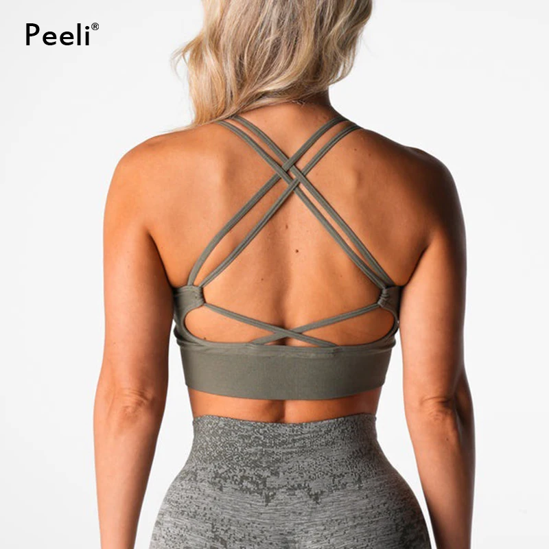 Virtue Bezszwowy biustonosz sportowy dla kobiet bez pleców Gym Crop Top Średni wpływ Wyściełane biustonosze do jogi Strappy Push Up Fitness