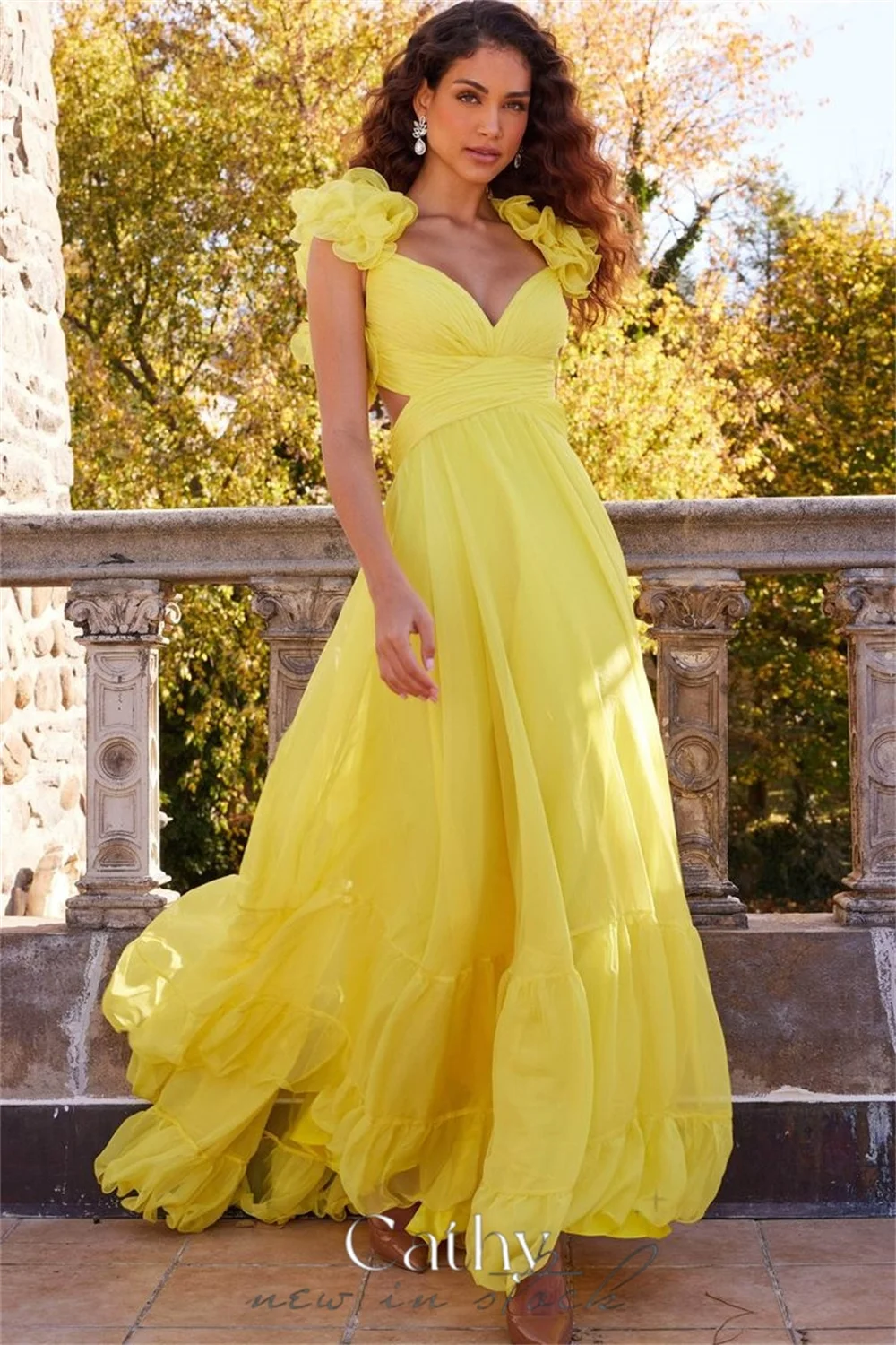 

Cathy V-neck Prom Dresses Puffy Shoulder Tulle A-line فساتين السهرة Elegant Sleeveless Floor-Length vestidos verano moda 2024
