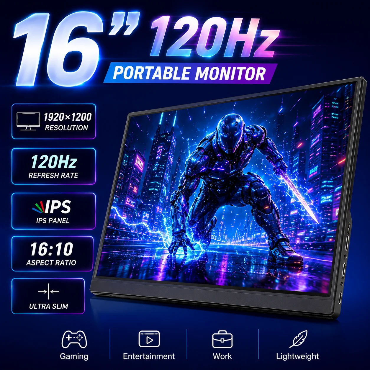 LANLIPU 16inch Portable Monitor 120Hz 100%sRGB Gaming IPS Panel Display For Laptop PC Steam/Deck/Switch/PC/Mac/ Xbox PS4/5