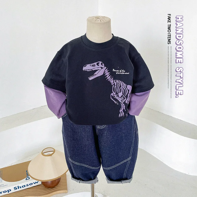 

2024 Autumn New Children's Clothing Korean Dinosaur Printed Fake Two Piece T-shirt for Boys Splicing Bottom