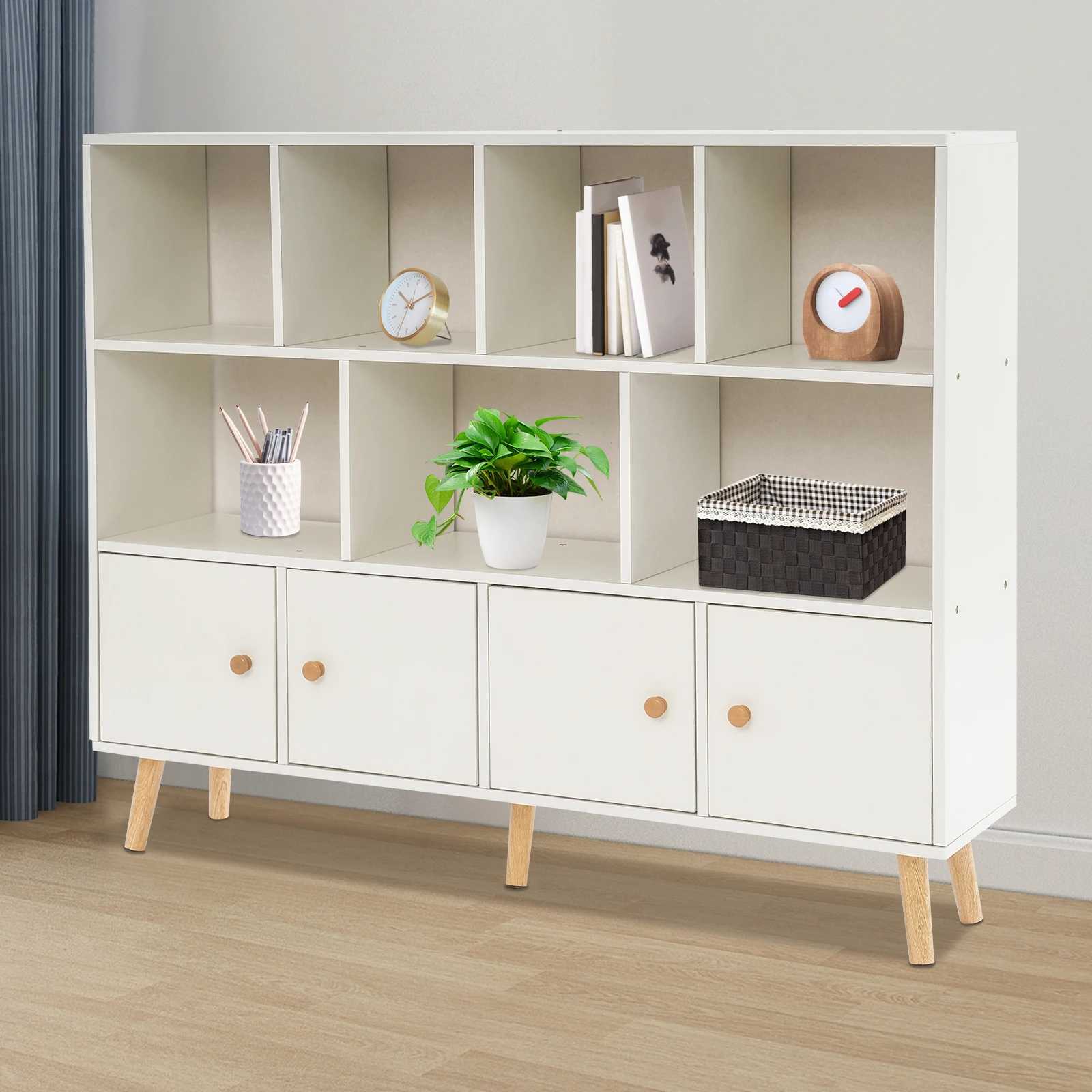 Librería de almacenamiento, estantería abierta con patas de madera maciza, estantería abierta de pie con 11 compartimentos