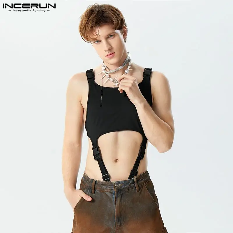 INCERUN 2024 Sexy Style Loungewear Clothing Men\'s Casual Buckle Design Jumpsuits Male Hollow Out Thin Sleeveless Bodysuits S-5XL