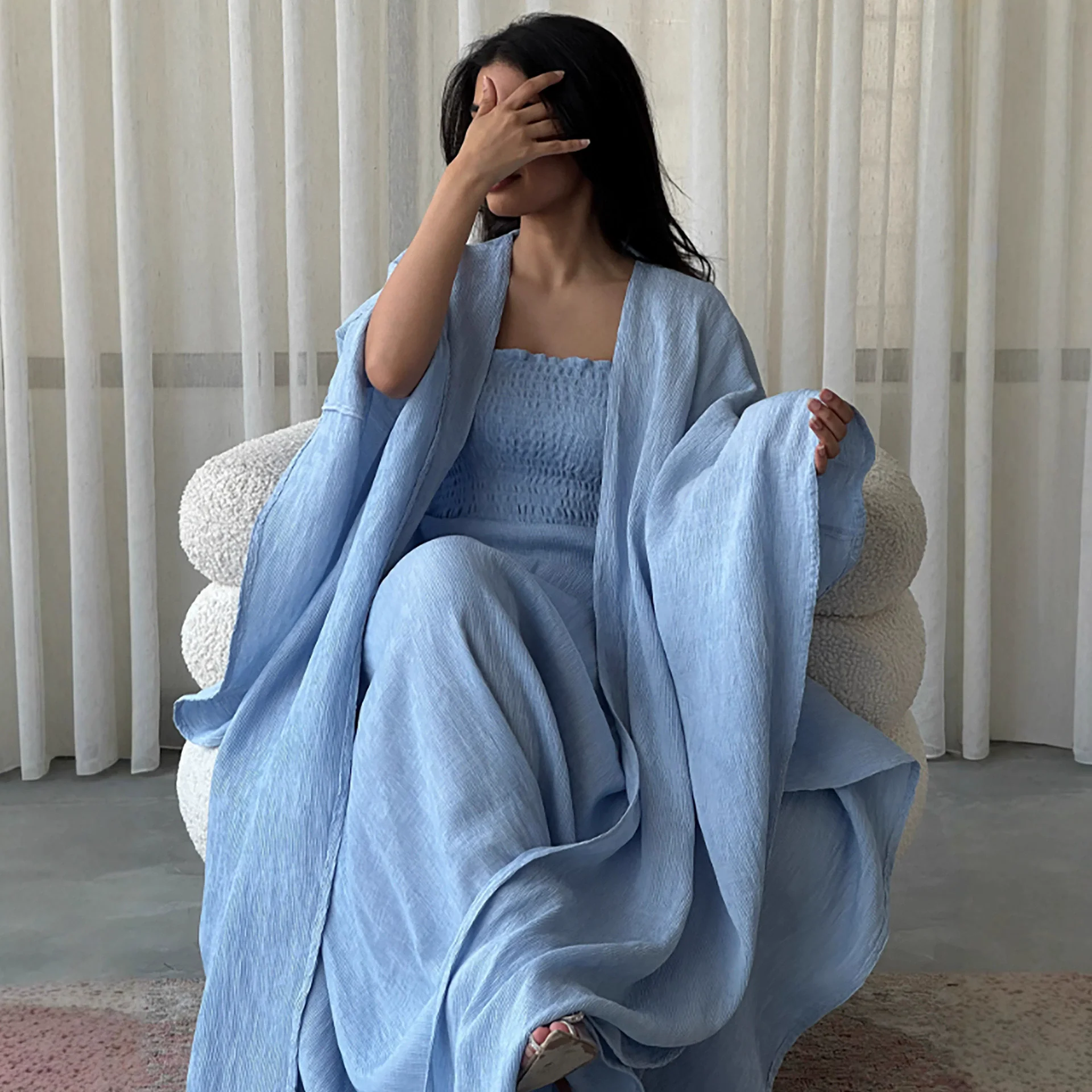 Oriente médio ramadan árabe dubai robe feminino muçulmano moda cinta saia + elegante abaya cardigan duas peças conjunto de robe