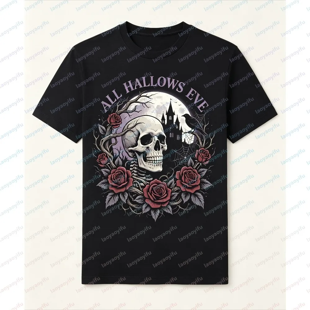 ALL HALLOWS EVE Skull Rose Crow Castle Print Unisex Tops Summer Short Sleeve Fashion Halloween Vintage Gothic Graphic O-neck Tee