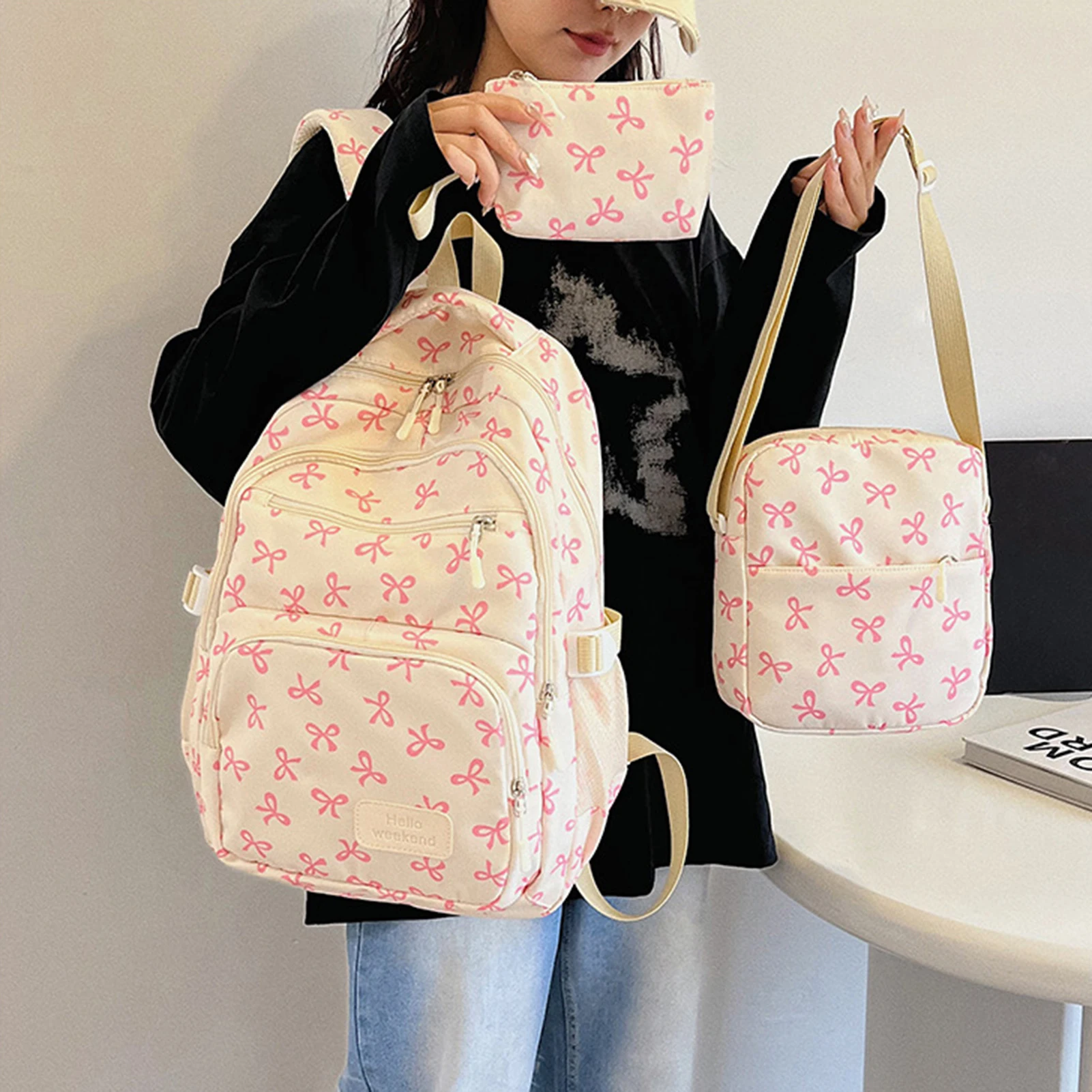 

3 Pcs/Set Cute Large Capacity Bow Backpack Bow Print Nylon School Bag Adjustable Strap Travel Backpack