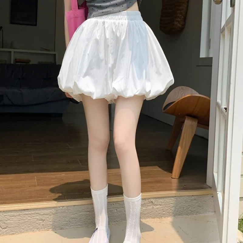 Elastic Waist Flower Bud Skirts Double Layered Pants Skirt Solid White Cute Bubble Skirt Cute Sweet Young Girls Summer Lolita
