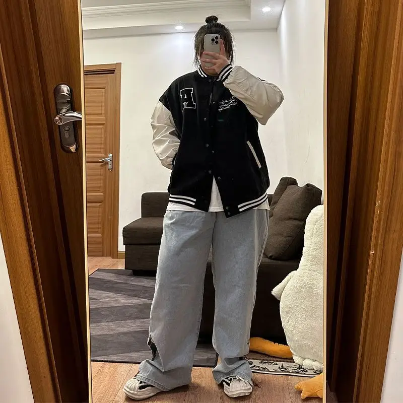 Loose Fit Drawstring Design Slit Jeans Men's Spring Autumn Vintage Couple's Floor-Length Pants Large Size 300 Pounds