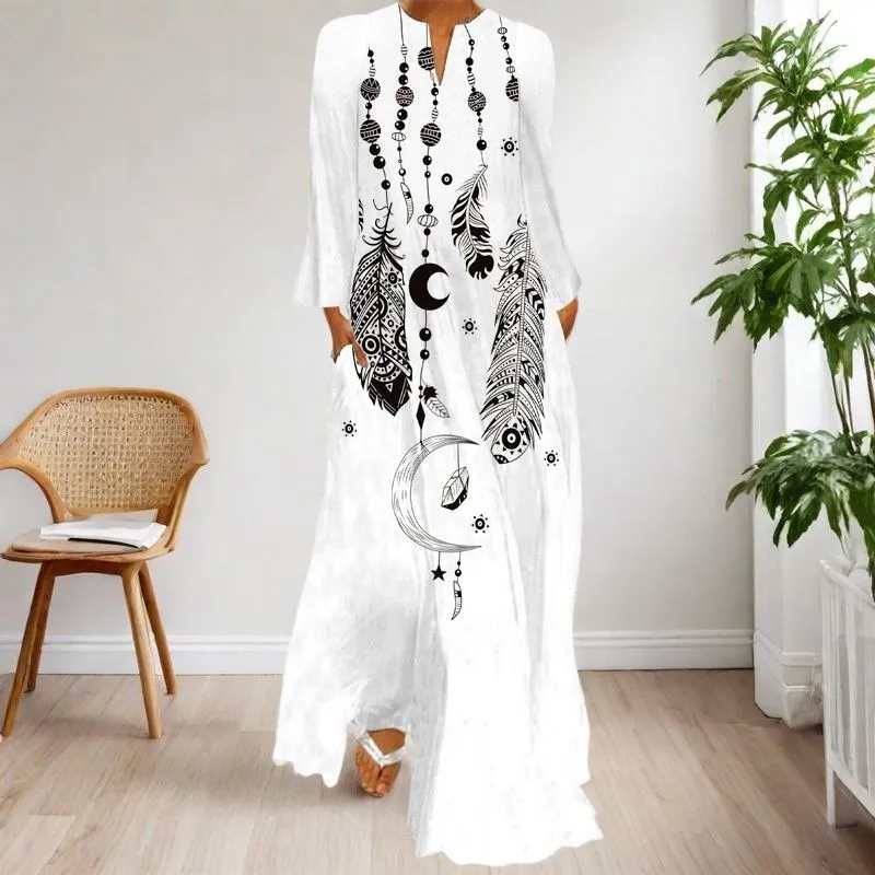 

Fashionable Printed V-neck Long Sleeved Dress and Ankle Women's Clothing Dresses
