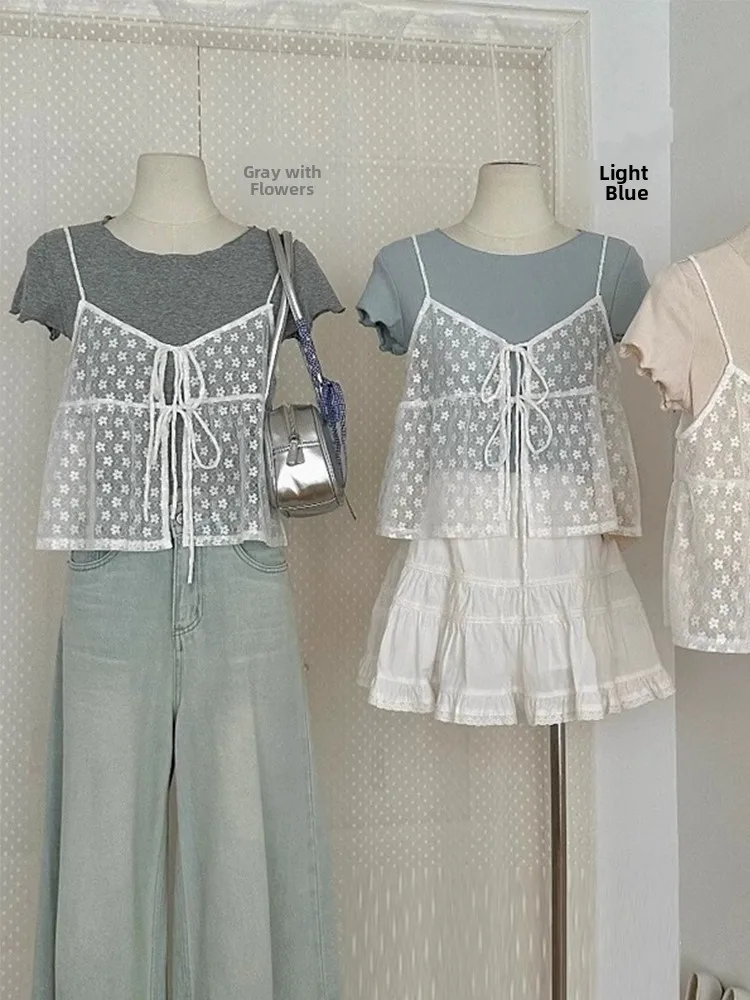 

White Lace Strap Vest Women Summer 2026 Korean Style Overlap See-through Mesh Outerwear Polka Dot Top Trendy Short Length