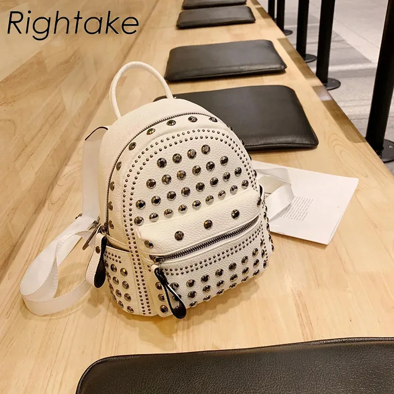 Rightake-Mochila pequeña de cuero genuino para mujer, bolso con remaches, morral diario negro para niñas, mochila escolar informal de viaje