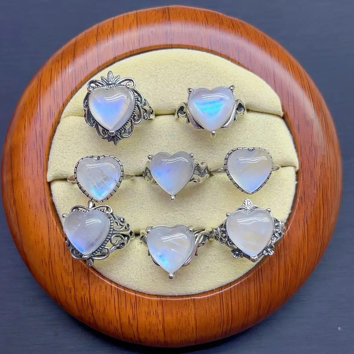 1 Pc Fengbaowu Natural Blue Moonstone Heart Ring 925 Sterling Silver Resizable Fashion Jewelry Gift Women