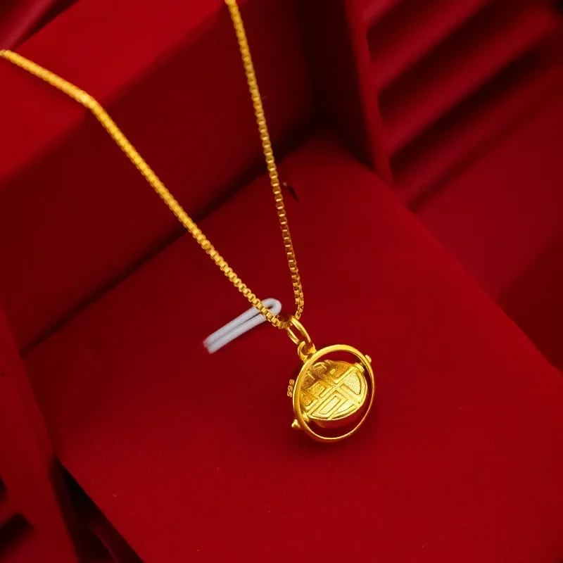 

9999 Real Gold 24K version rotating blessing character pendant necklace women's smart ethnic style blessing character necklace