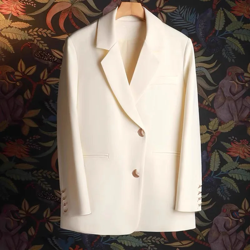 Allingentle Women's Suit Ivory Jacket Fashion Flat Collar Blazer for Casual Office Business Outfit Customize