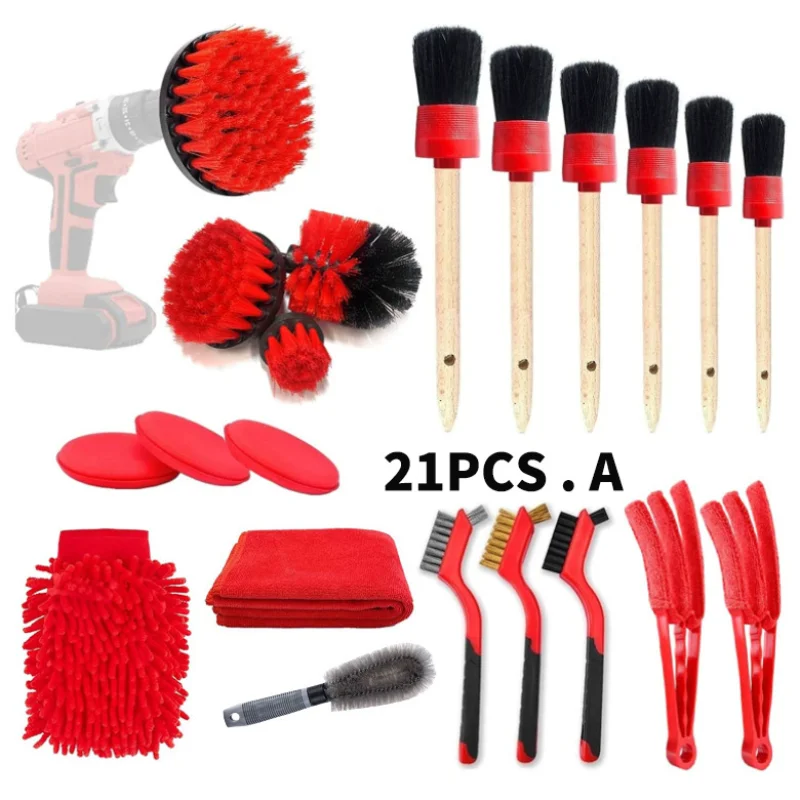 

21PCs car wash tools wheel cleaning drill brush microfiber red glove waxing sponge interior dust removal detail brush