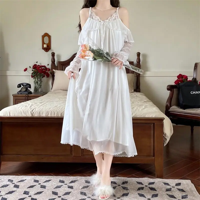 

Lace Suspender Nightgown for Women Spring Summer Thin Palace Style Mesh Off-shoulder Home Wear Pajamas Chemise Clothes Sleep Hot