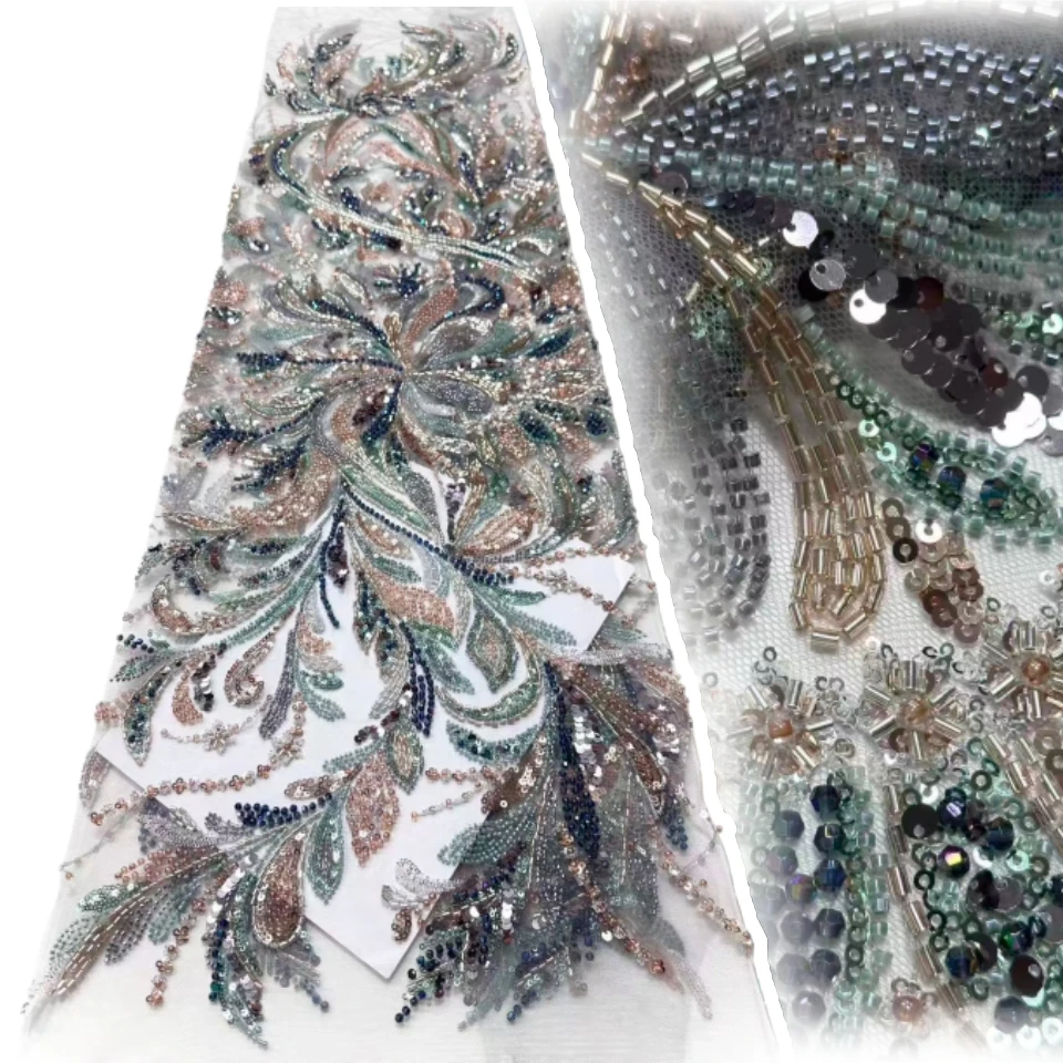 

Latest African Sequin Lace Fabric 2026 High-Quality French Nigerian Beaded Lace Fabric Bridal Wedding Party Dress Sewing 1813