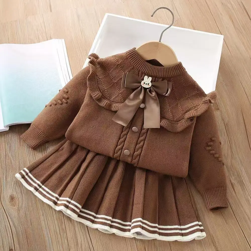 

Girls' Sweater Set Autumn/Winter 2026 New Sweet and Stylish Little Girl Solid Color Knitted Hoodie Top+ Skirt Two Piece Set