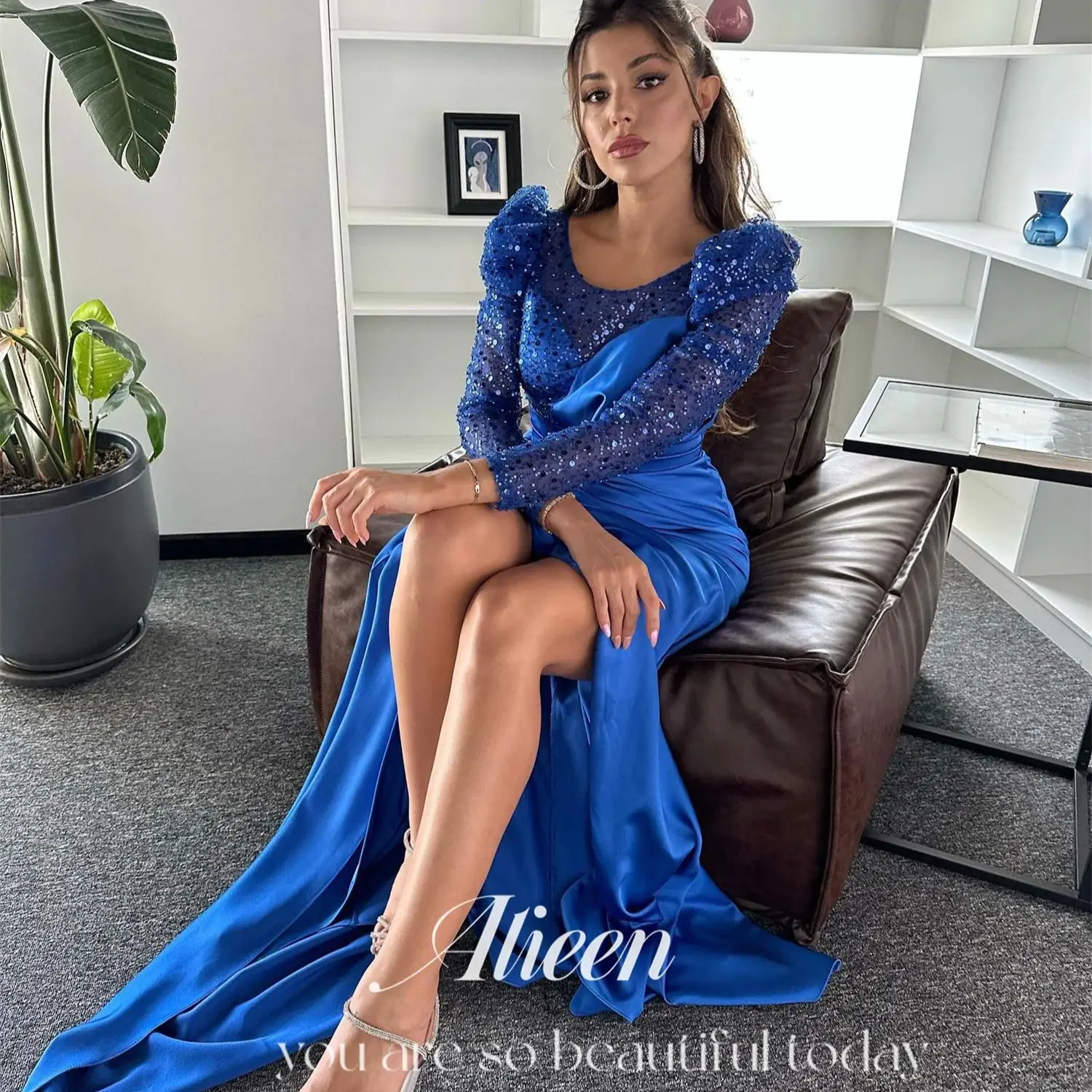 

Aileen Bead Embroidery Blue Long Sleeves Satin Cocktail Dresses for Women Women's Evening Dress Evening Dress Stylish Wedding