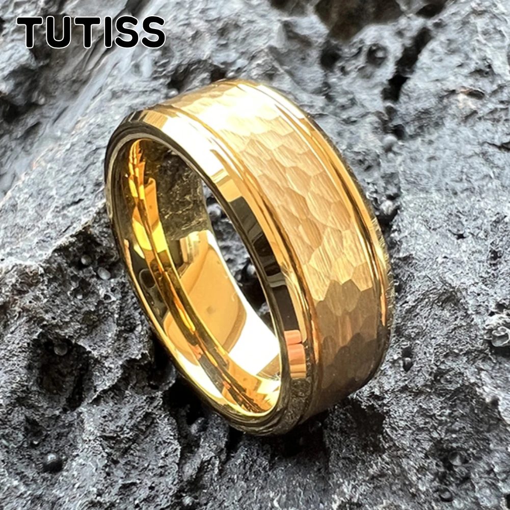 TUTISS 8mm Double Grooved Chamfered Hammer Tungsten Ring For Men And Women Stylish Engagement Wedding Band Comfort Fit