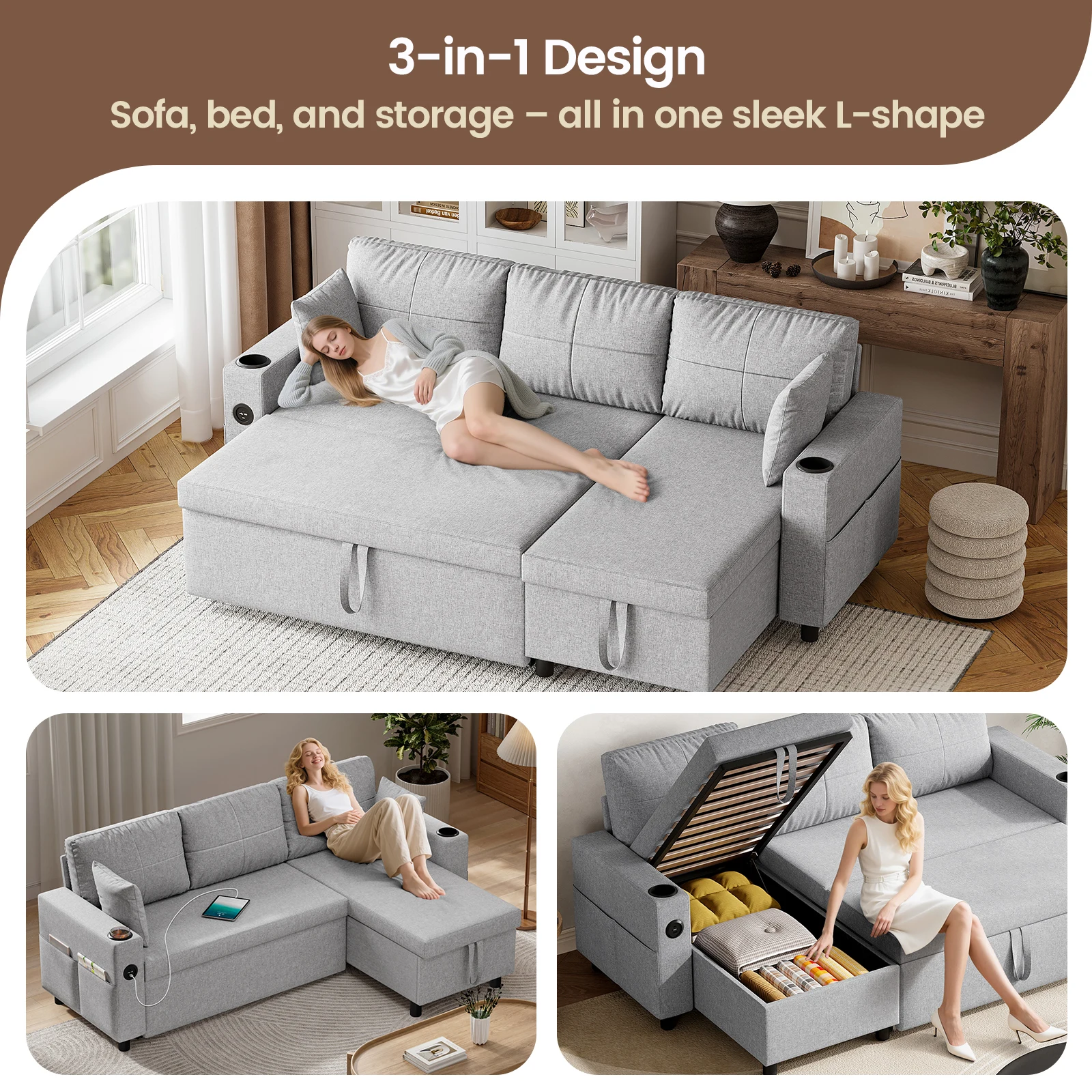 أريكة سرير، سرير أريكة على شكل حرف L، 3 في 1 أريكة مقطعية مع منافذ USB ونوع C وحاملين أكواب، أريكة زاوية قابلة للتحويل #3