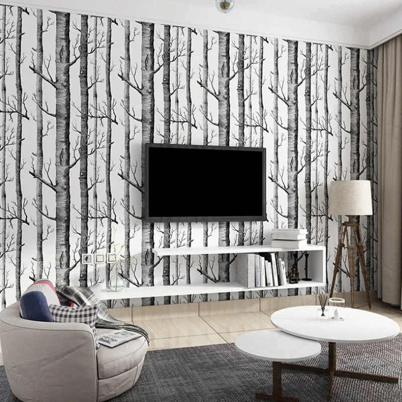 Black White Birch Tree Wallpaper Modern Design Roll Pearly Rustic Forest Woods Bedroom Living Room Wall Paper Home Decor