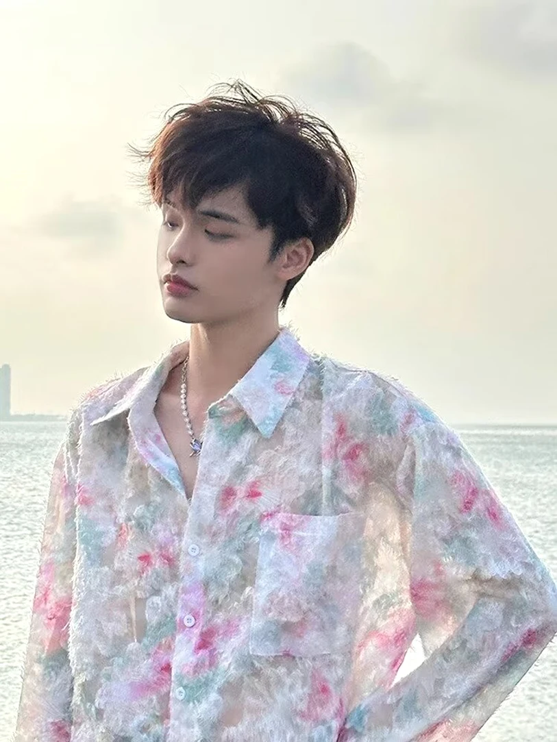 

Мужская свободная рубашка с длинным рукавом и цветочным принтом, летняя тонкая солнцезащитная верхняя одежда для мальчиков, с трехмерной отделкой бахромой