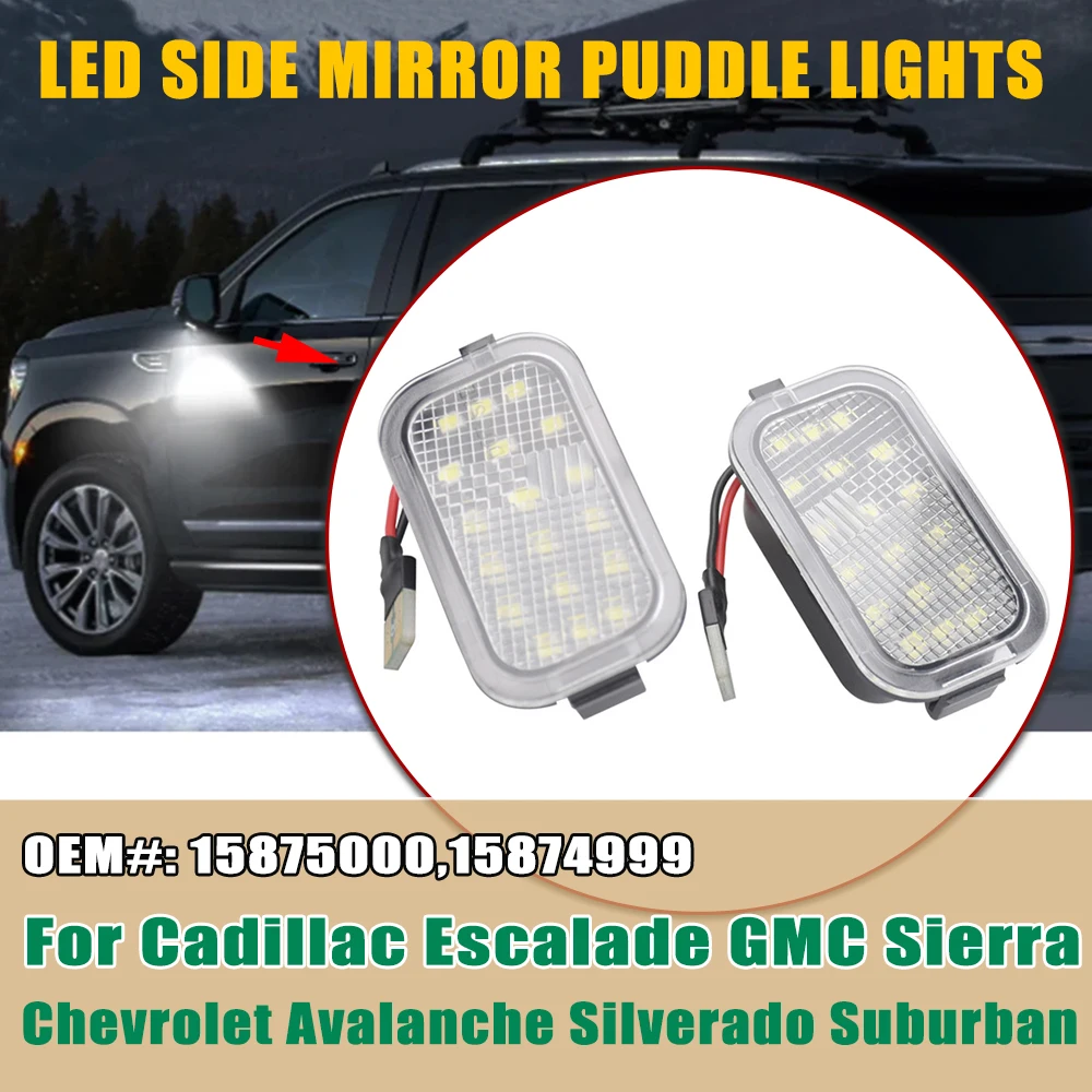 2Pcs Car LED Under Side Mirror Light Puddle Lamp White For Cadillac Escalade Chevrolet Avalanche Suburban Tahoe GMC Sierra Yukon