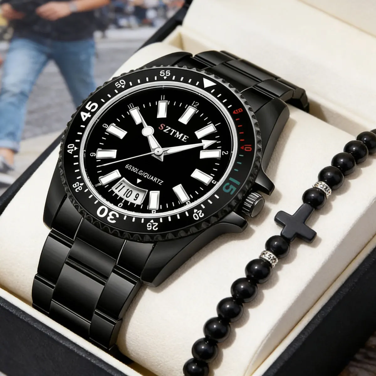 Luxury Men's Steel Band Watch Calendar Scale Business Casual 2-Piece Set Men's Stainless Steel Band Quartz Watch