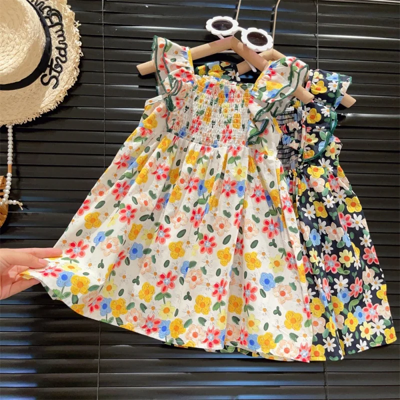 New Girl's Retro Small Flower Cake Shoulder Strap Elastic Waist Pleated Princess Dress2024Summer Dress-WSNY